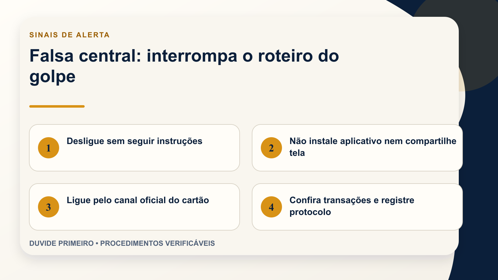 Infográfico com passos para interromper uma falsa central bancária
