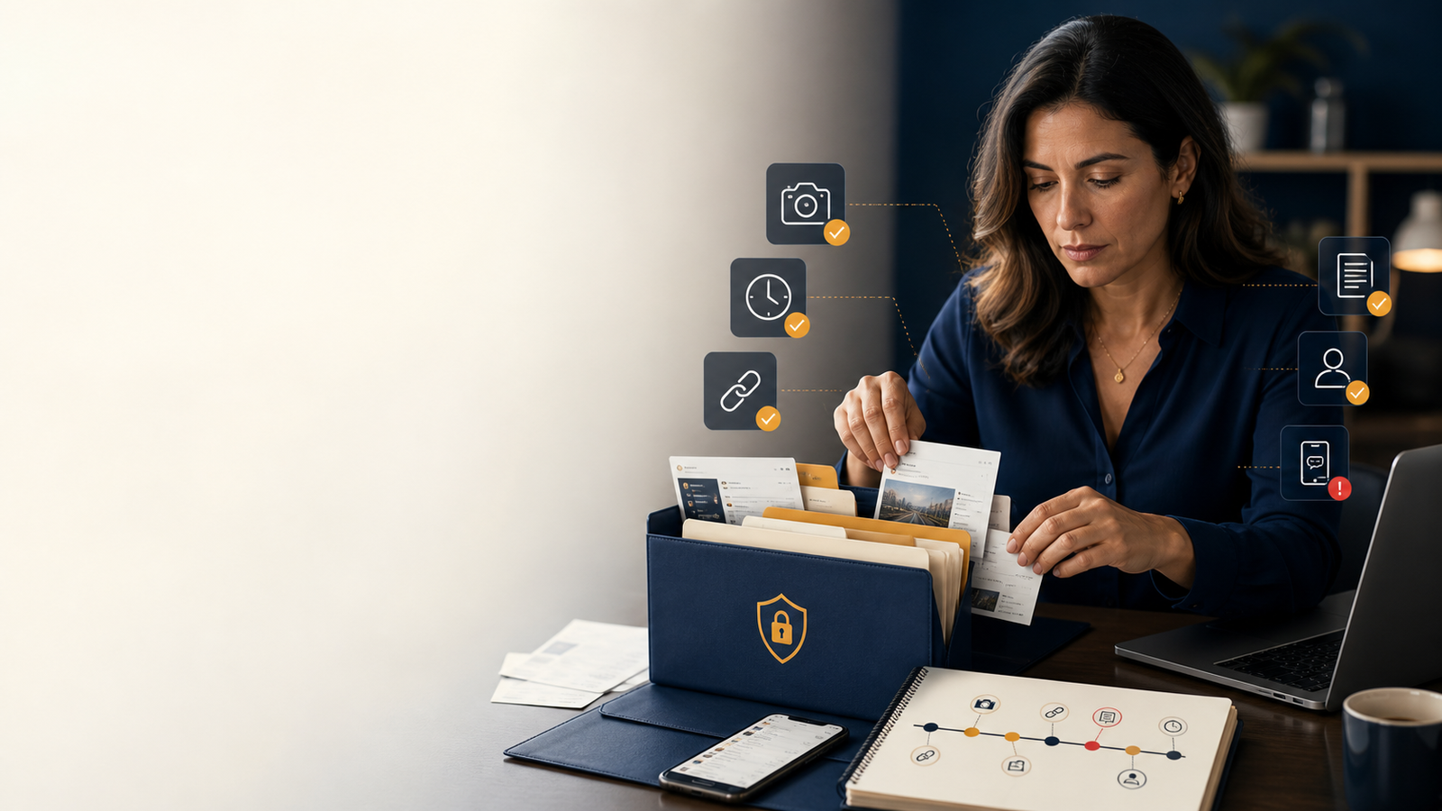 Pessoa organizando provas digitais antes de registrar ocorrência
